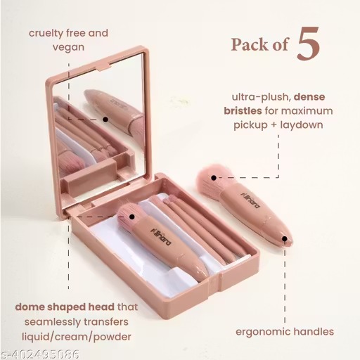 Minara makeup brush applicator set of 5 with mirror (nude colour)