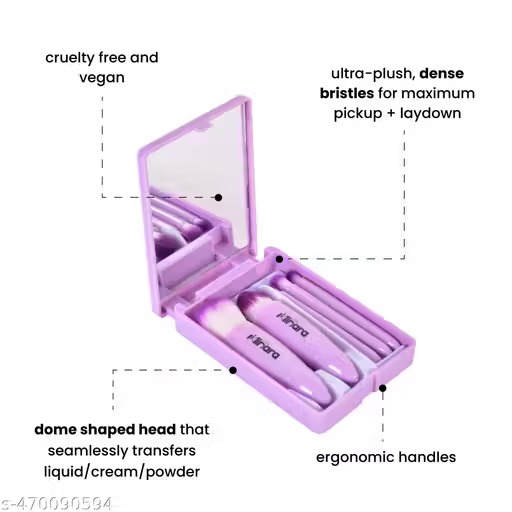 Minara travel friendly makeup brush applicator set of 5 with mirror (lavender colour)