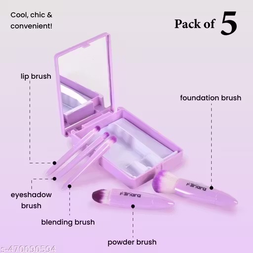 Minara travel friendly makeup brush applicator set of 5 with mirror (lavender colour)