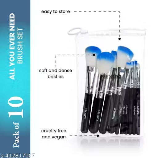 Minara makeup brush applicator set of 10 with easy-to-carry pouch (black)