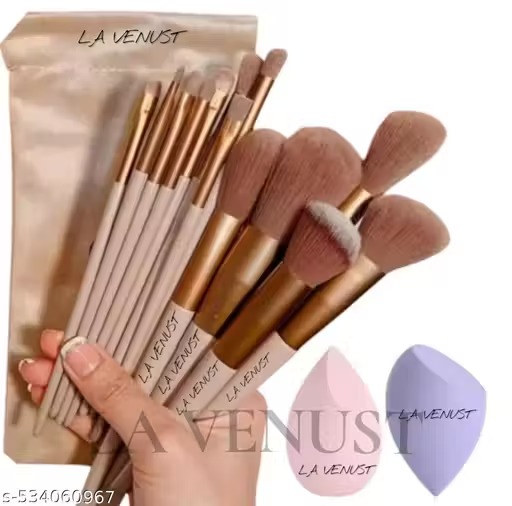 Lavenust 13 pc brush set with 2 pc beauty blender sponge, brown (pack of 15)