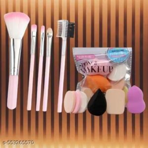 Soft bristles 5 pcs pink makeup brushes set with 6 in 1 makeup sponges pack (pack of 11)