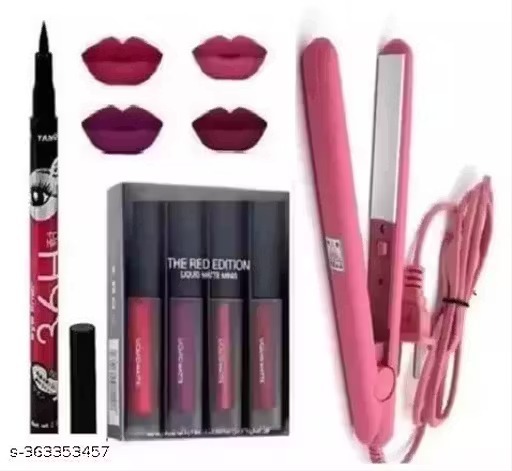 **Red Edition Lipstick, Hair Straightener With 36H Long Lasting Black Waterproof Eyeliner**