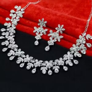 Silver Plated Necklace Set With White American Diamond