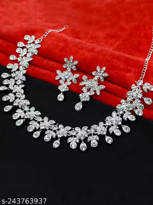Silver Plated Necklace Set With White American Diamond